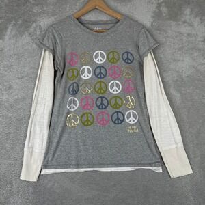 Y2K Mudd Layered Shirt Womens XL Gray Peace Sign Graphic Long Sleeve 2000s